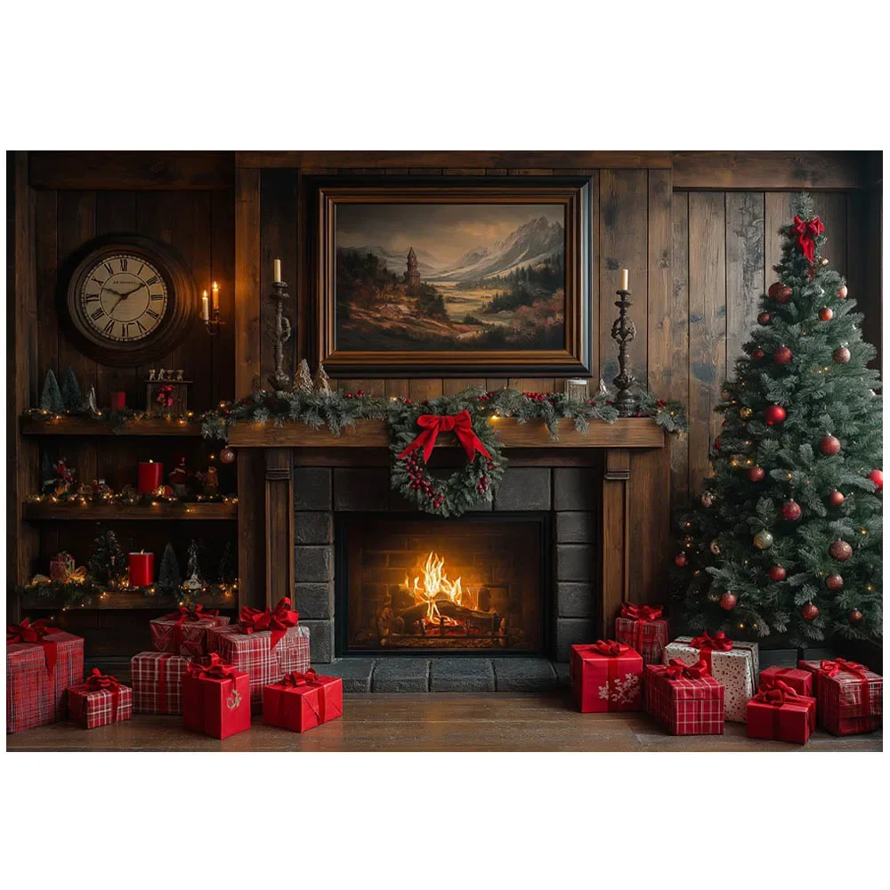 Mocsicka Christmas Photography Backdrop Wooden Wall Fireplace Xmas Tree Gift Box Family Portrait Photo Background Shooting Props