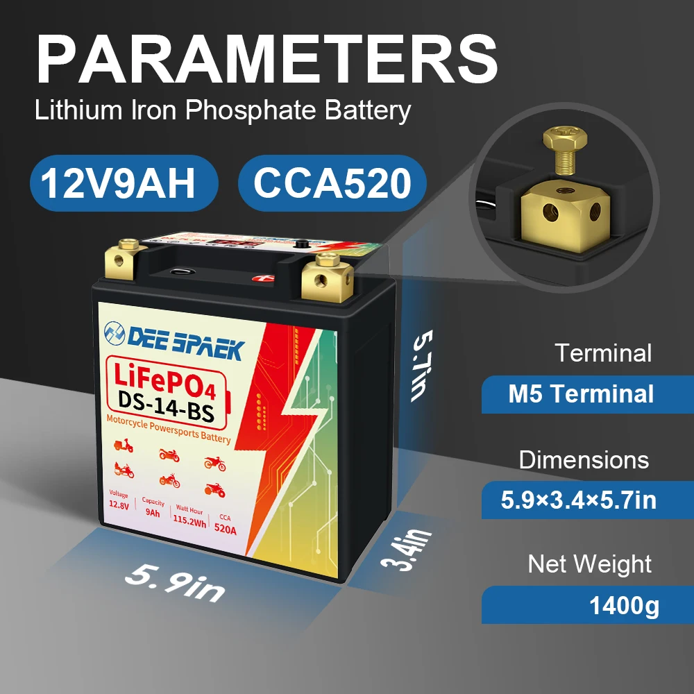 Motorcycle Starter Battery 12.8V CCA 520A Built-in BMS Rechargeable Lithium Iron Phosphate Battery For ATV Motorbike Scooter