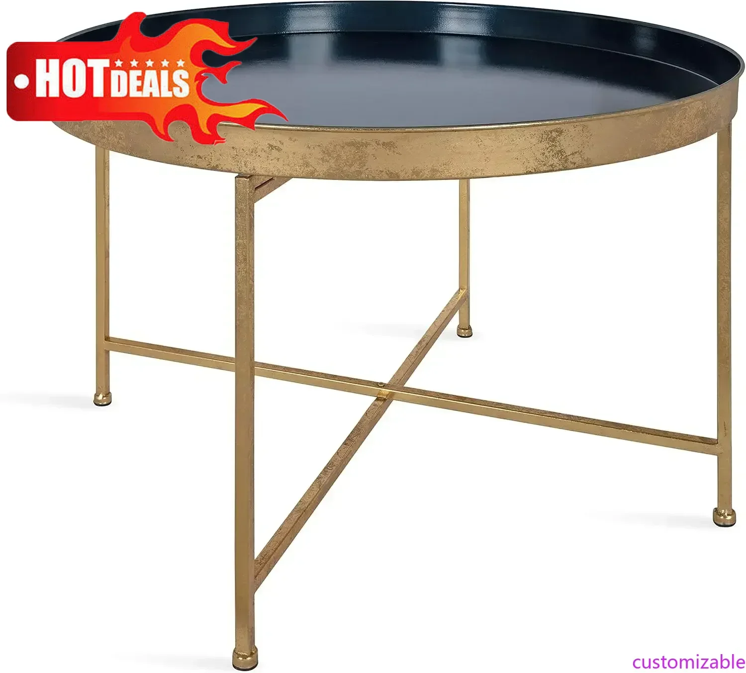 

Customizable-Modern Glam Round Coffee Table, 28.25" X 28.25" X 19", Navy Blue Gold Leaf