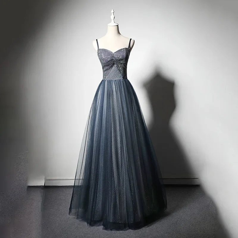 Robe de soirée en tulle pour femmes, tenue de soirée, bleu marine, paillettes scintillantes, bretelles spaghetti, ligne A, longueur au sol, grande taille, formel, quel que soit, B1012