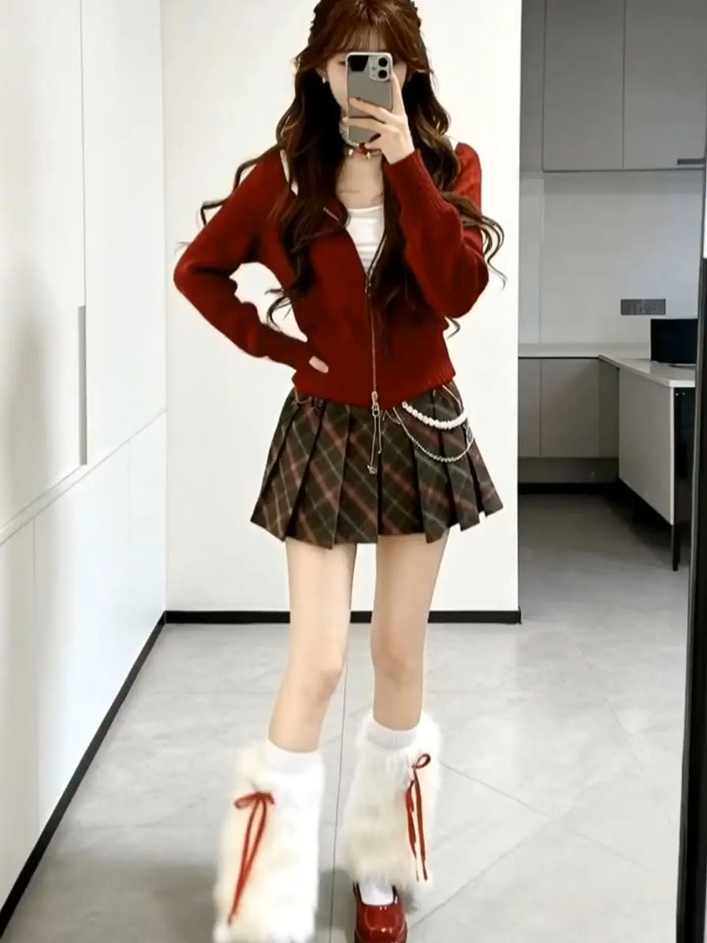 

Korean Aosphere Set Women's Autumn Spring Design New Year Red Hooded Fur Collar Knitted Open Cardigan Plaid Skirt