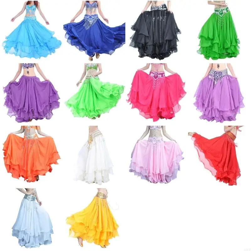 Costumes danse du ventre pour femmes, 14 couleurs, 3 couches mousseline, jupes à ourlet roulé, vêtements spectacles sur
