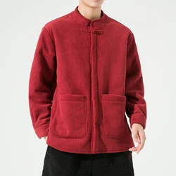 Fleece Jacket Men's Winter Warm Thickened Jacket Casual Mens Vintage Fashion Stand Collar Parkas New Year Coat Chinese Style Red