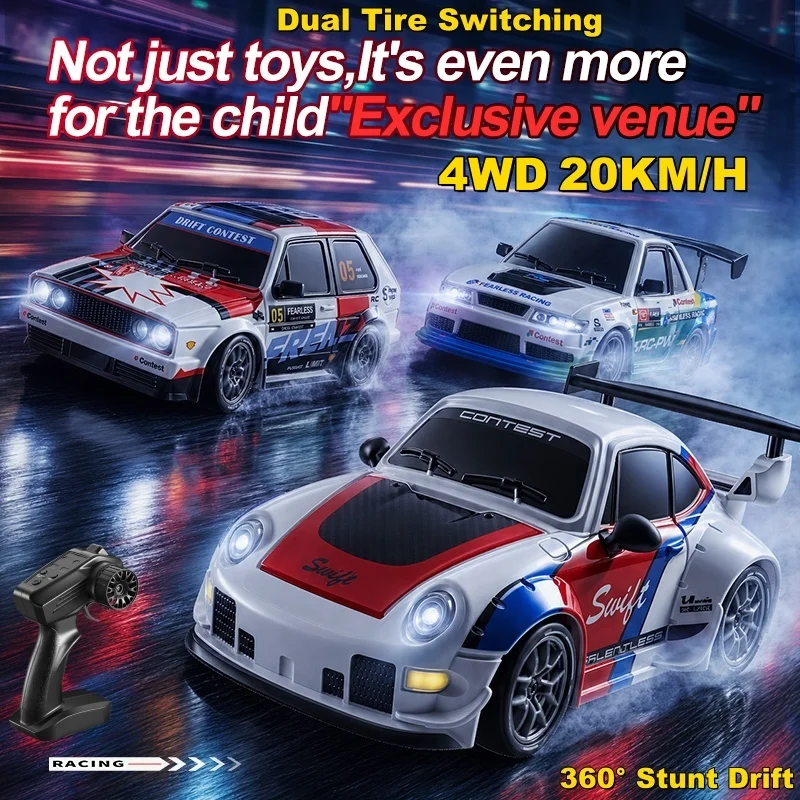 4WD Remote Control Car 1:24 High-Speed 20KM/H RC Drift Racing Car 20Minutes Front Rear Lights Dual Tire Switching RC Car Toys
