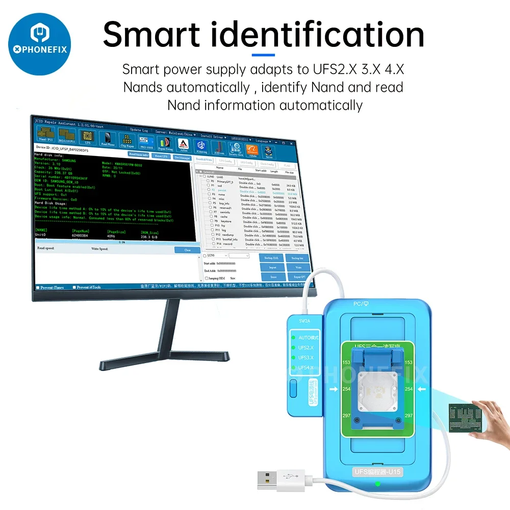 JCID UFS Programmer U15 Box for BGA315 BGA254 BGA297 UFS2.X 3.X 4.X NAND Chip Identify Reading Writing USB3.0 Fast Transmission