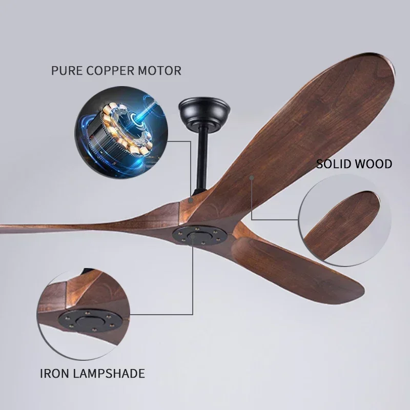 American Style Solid Wood Retro Ceiling Fan, Nordic Living Room, Dining Room, Industrial Variable Frequency 110V Electric Fan