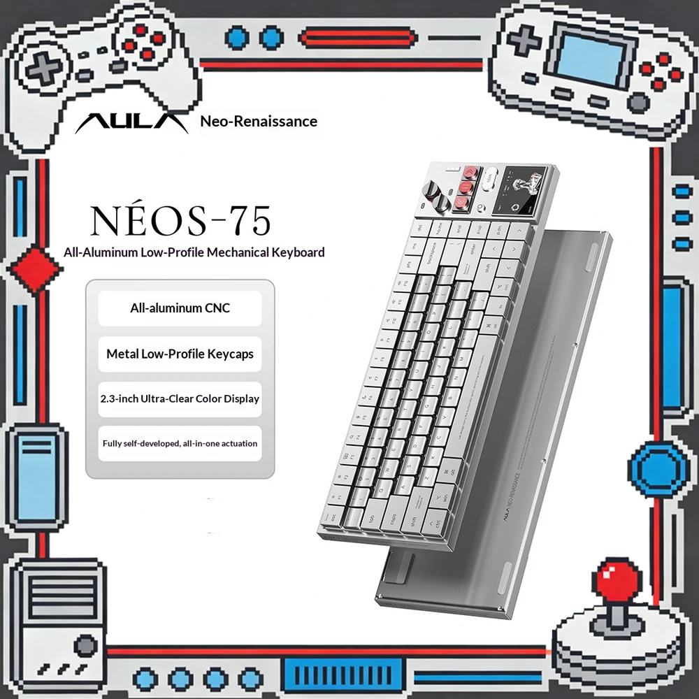 AULA NEOS75 Low Profile Mechanical Keyboard Tri-Mode Wireless Aluminum Alloy Keyboard with Display Screen Knob for Mac/Windows