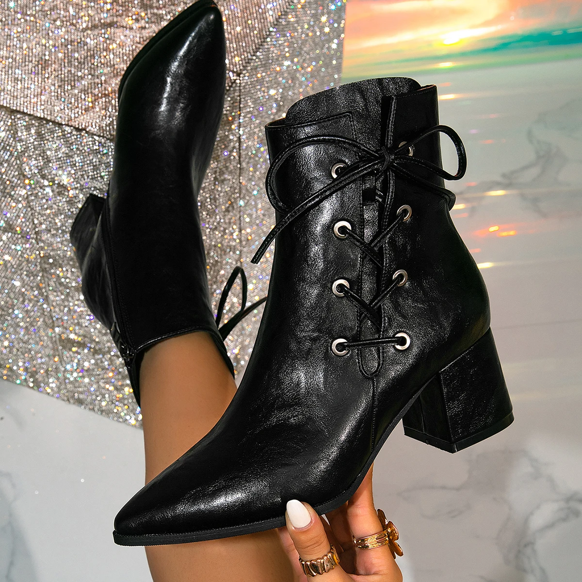 New Autumn and Winter Water Diamond Pointed High-heeled Ankle Boots for Women, Knee Length and Plus Size Fashion Boots for Women