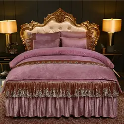 High Quality Luxury Thicken Velvet 4pcs Bedding Set Coral Fleece Bed Skirt Duvet Cover Pillowcase Plush Bed Set Queen Size