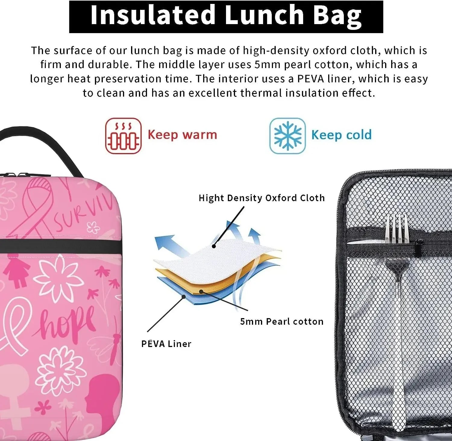 Lunch Bag Men Women Breast Cancer Awareness Lunch Bags Reusable Insulated Thermal Lunch Box Portable Tote Bag Cooler Picnic Bag