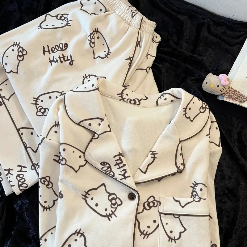 أزياء لطيف مرحبا كيتي المطبوعة الألمانية المخملية منامة للفتيات الساخن نمط الخريف والشتاء الدافئة عارضة السراويل ملابس المنزل مجموعة