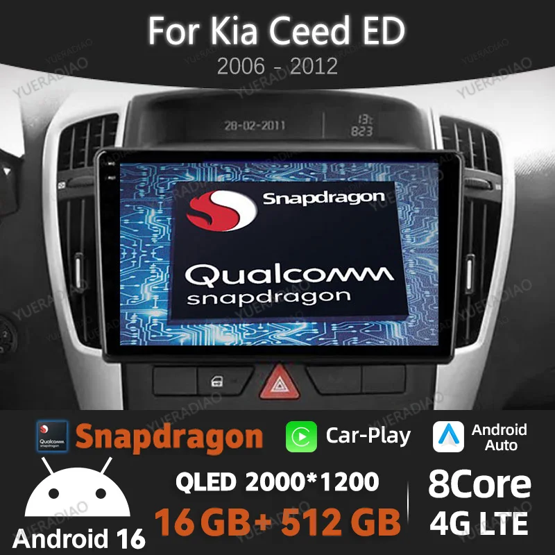 Android 16 Car Radio For Kia Ceed ED 2006 2008 - 2012 Carplay Auto Multimedia Stereo Video Player WIFI+4G Head Unit QLED 2DIN BT