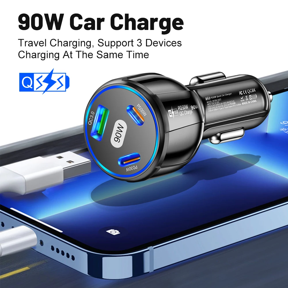 90W PD Car Charger 3 Ports Fast Charging USB Type-C Cigarette Lighter For iPhone Xiaomi Samsung Quick Charging Adapter In Car