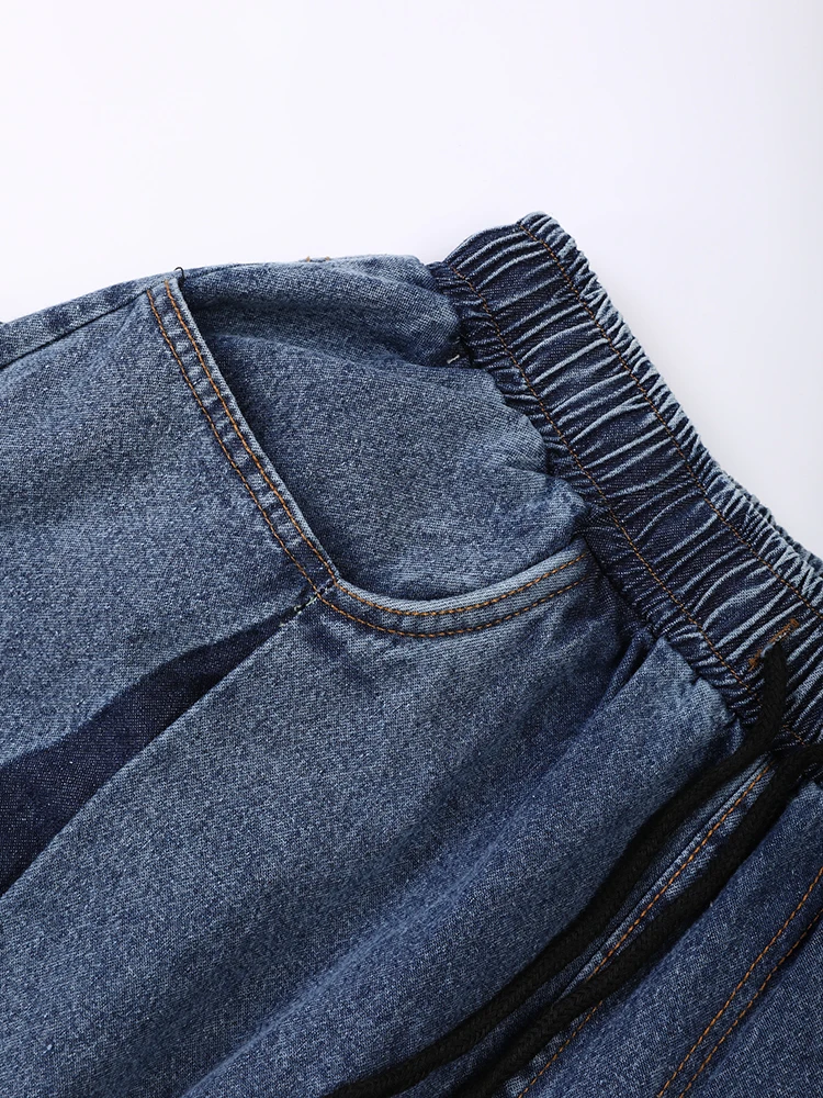 [EAM] Jeans a gamba larga a blocchi di colore in denim blu navy a vita alta Nuovi pantaloni larghi da donna Moda marea Primavera Autunno 2024 1DE