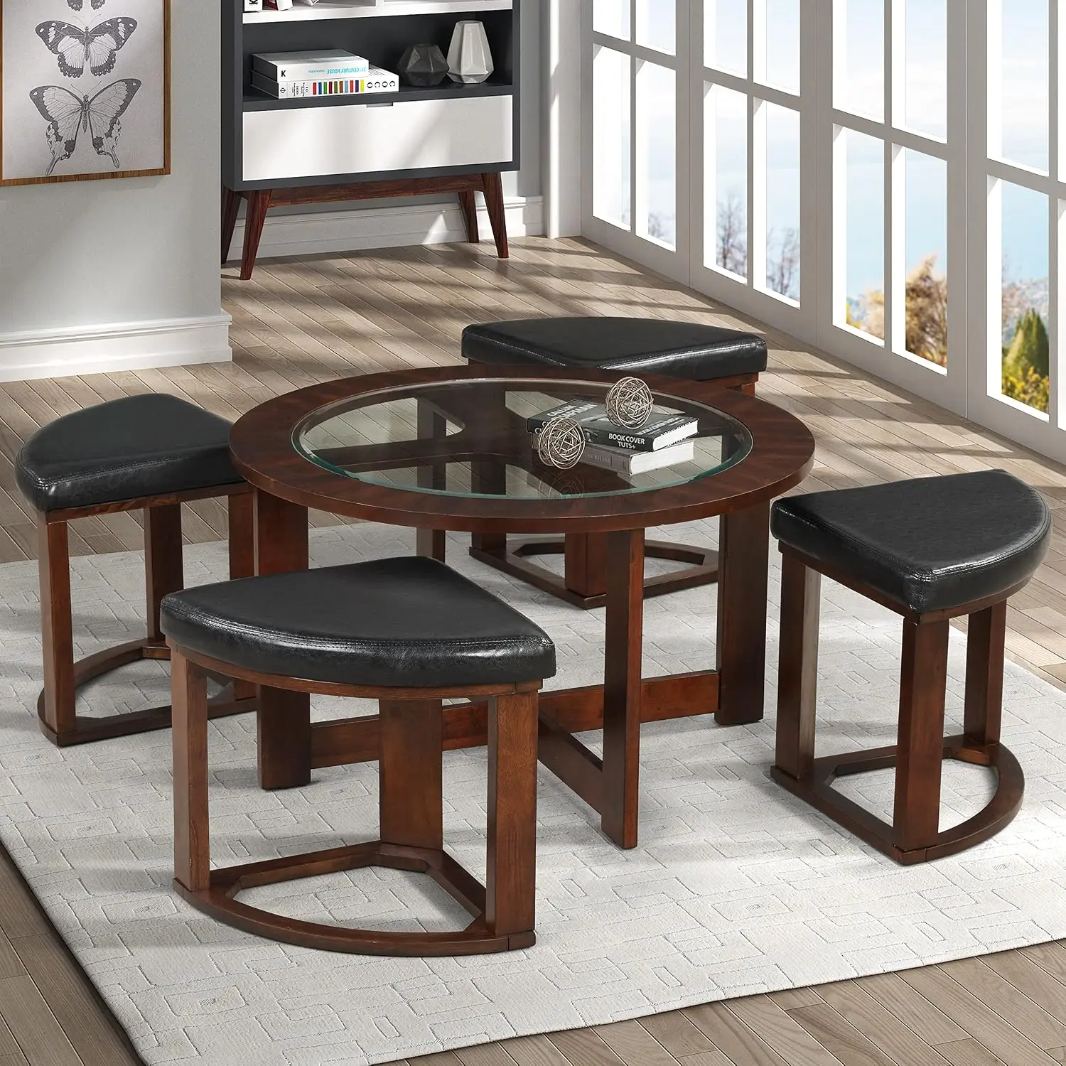Five Piece Set Glass Top Round Coffee Table Group, Mid Century Modern Solid Wood Living Room Cocktail Tea Table Seating Combination With Four Wedge Stools Furniture For Small Space, Espresso Brown