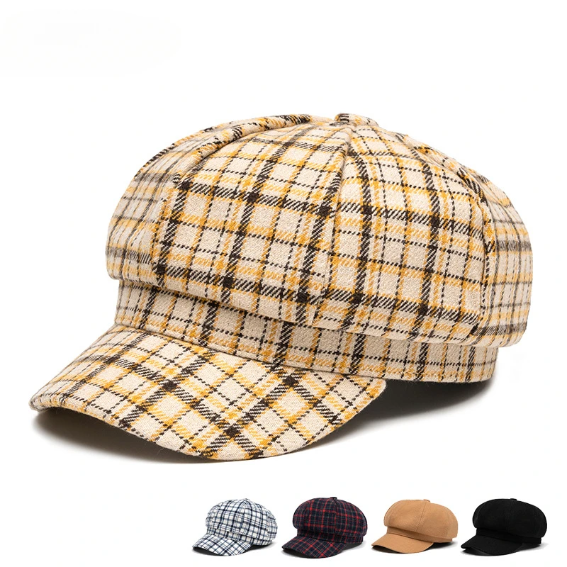 Women's Autumn Winter Warm Octagonal Cap Checked Beret Painter Hat Plaid Hat for Ladies