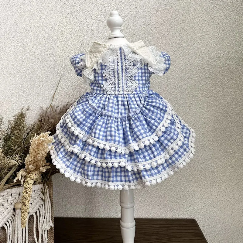 Pet Dog Clothes Pure Cotton Handmade Blue Grid Classic Princess Dresses For Small Medium Dogs Poodle Puppy Dog Skirts Overalls