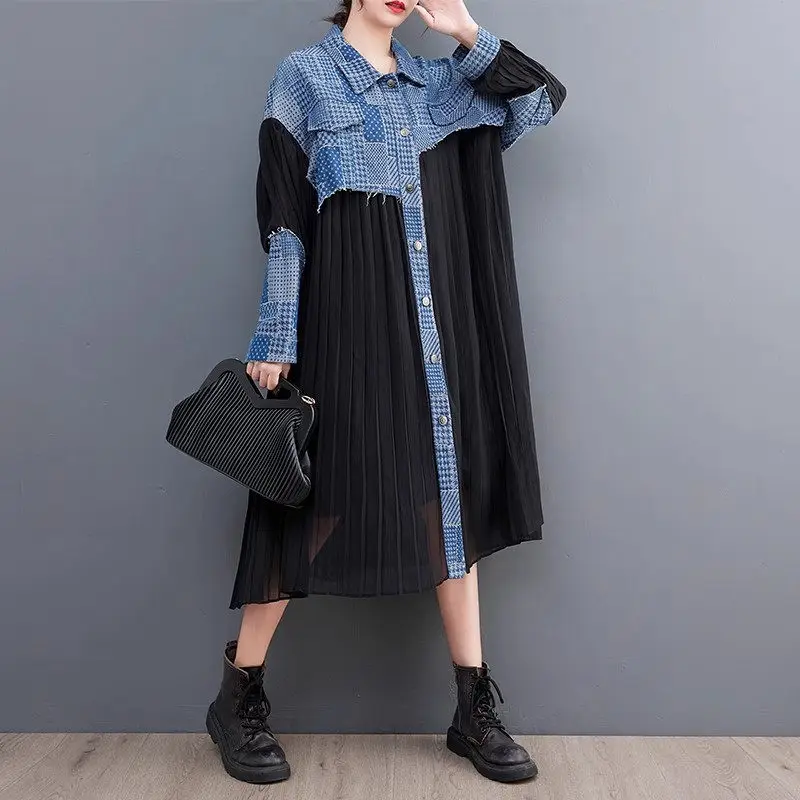 2025, Frühling und Herbst, koreanischer Stil, Denim-Spleißen, schlankmachendes Hemdkleid – Luxus-Büro, lässig, vielseitige Damenbekleidung G604