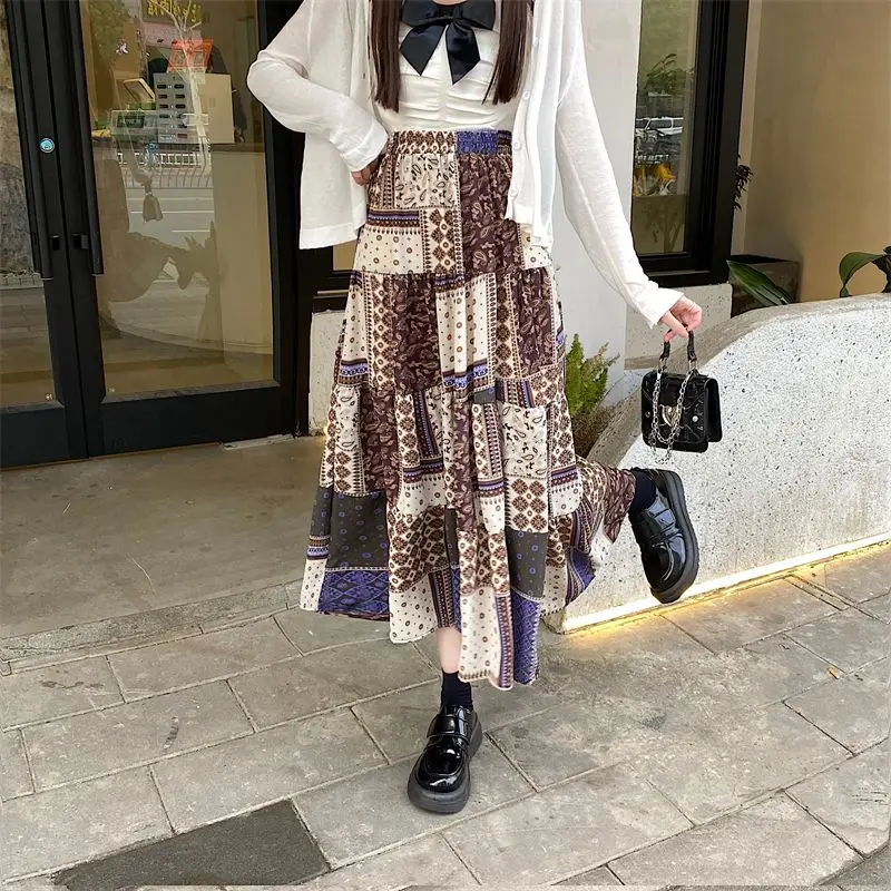 Vintage Skirts Women Folk Style Retro High Waist Print Patchwork A-line Midi Literature Art Stylish Loose Design Harajuku New