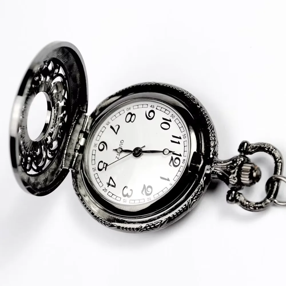 1048White Flower Perspective Quartz Watch Vintage Classic Black Large Pocket Watches with Necklace