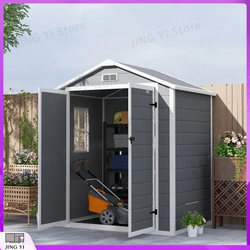 6x4.5FT Plastic Garden Shed Lockable Tool Storage House with Window Vent Grey Outdoor Storage Shed Portable Garden