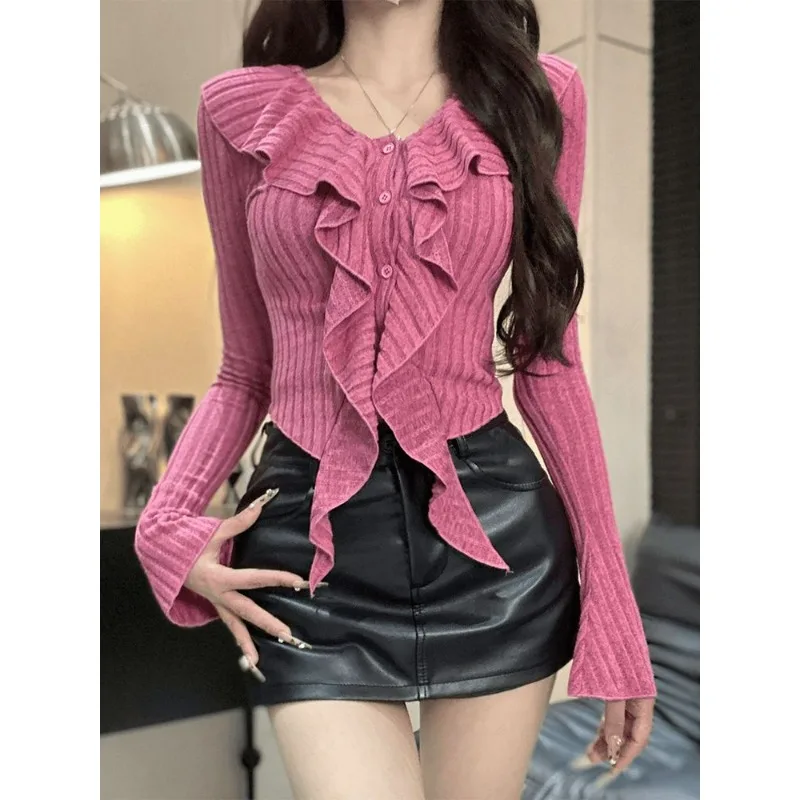 Top a maniche lunghe con scollo a V sexy con bordo volant da donna 2024 Nuovo autunno girocollo Office Lady Slim-fit maglione lavorato a maglia cardigan Top