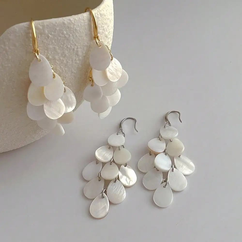 

Elegant Mother of Pearl Drop Earrings with Gold & Silver Hooks, Perfect for Beach Vacations and Summer Outfits