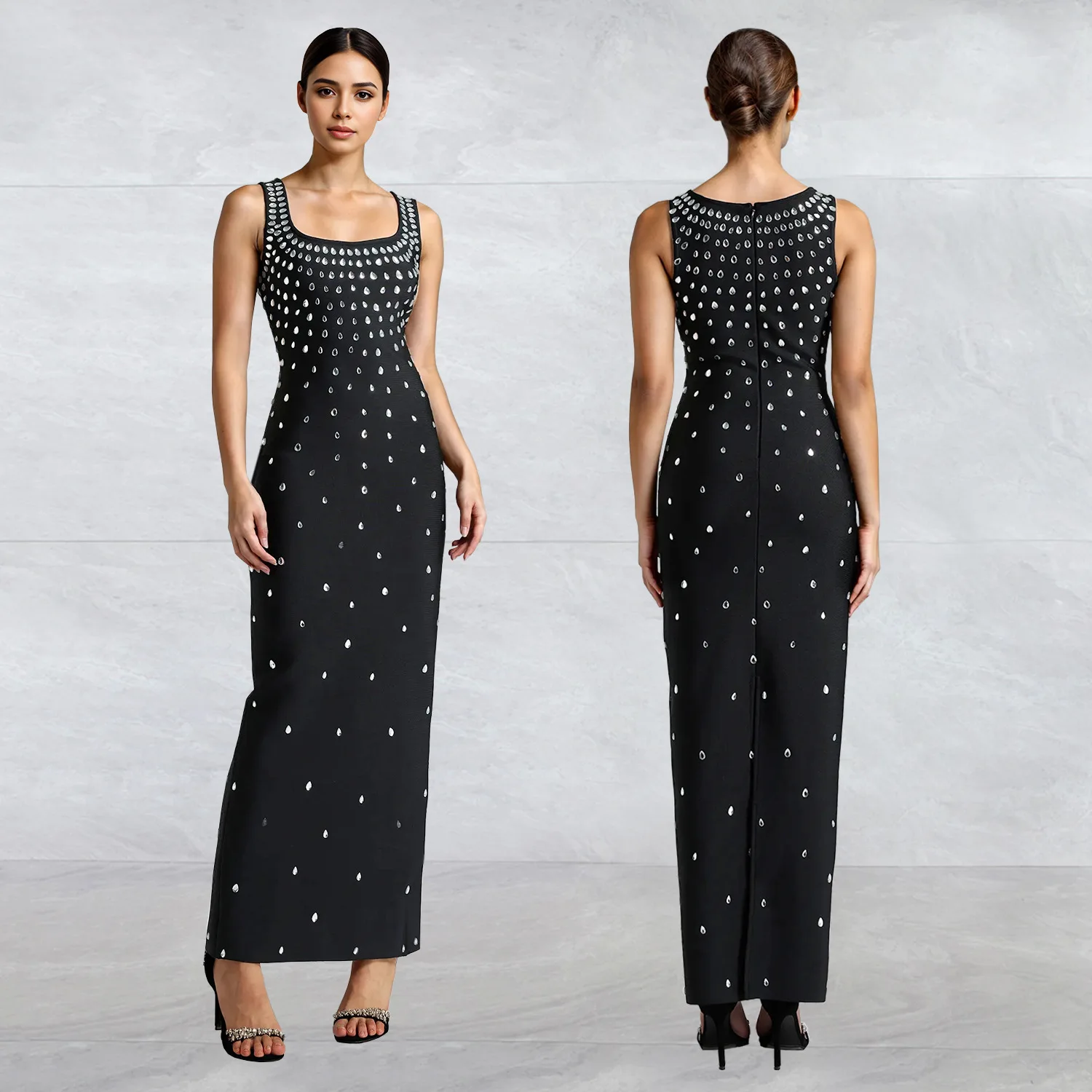 

Black fashionable women's clothing, hot diamond U-neck sleeveless hip-wrapped tight dress, evening dress, sexy temperament and t