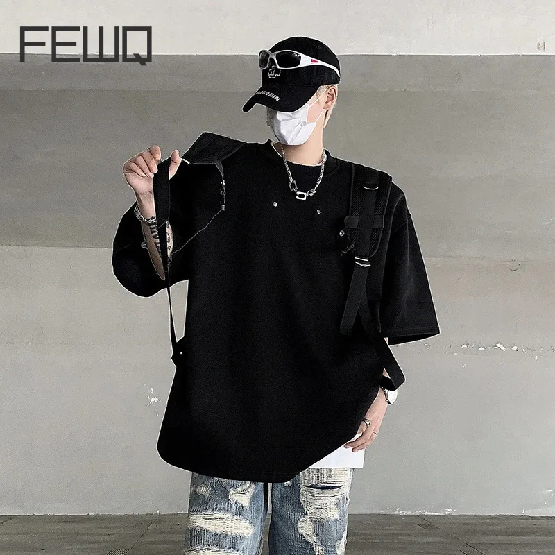 

FEWQ Summer Men's T-shirt Design Shoulder Pads Short Sleeves Darkwear Round Neck Casual Male Tops Korean Fashion 24X9154