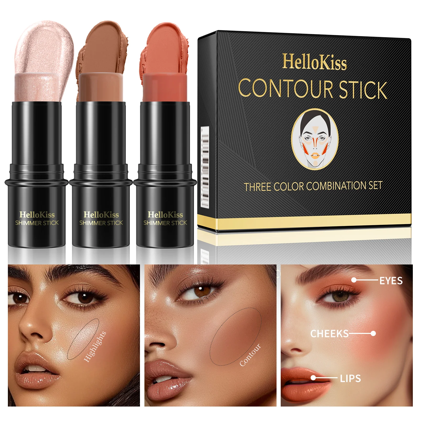 3개입 3D 페이스 브라이트닝 하이라이터 바 화장품 얼굴 윤곽 브론저 쉬머 하이라이터 스틱 컨실러 크림 메이크업 도구
