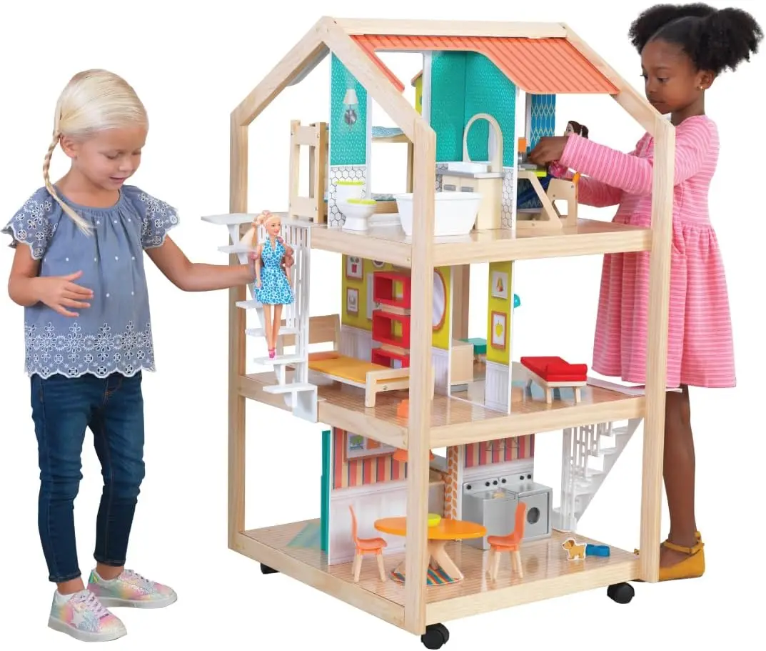 So Stylish Mansion Wooden Mid- 360-Play Dollhouse With Wheeled Base And 42 Accessories, Gift For Ages 3+