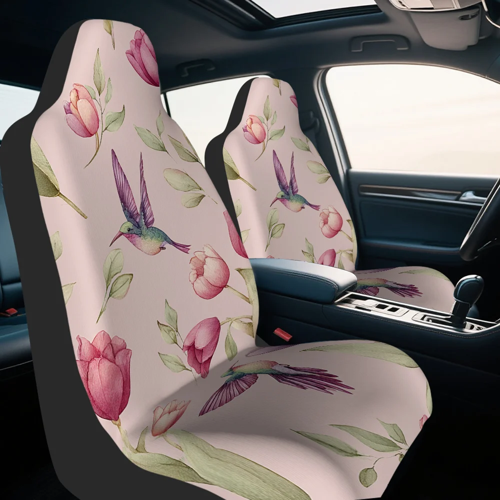 2pcs, Hummingbird Tulip Floral Gentle Pattern Car Seat Covers, Soft And Comfortable, Fit For Front Seats, Perfect For Family Tr