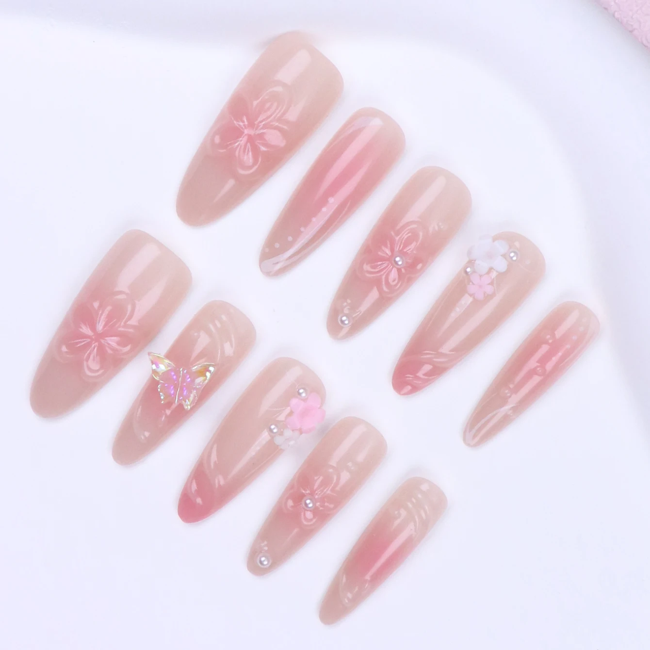 10PCS Stiletto สีชมพูดอกไม้สไตล์เล็บปลอมชุด-กดบนเล็บเจาะ Design1pc ตะไบเล็บ & 1 กาวเล็บชุดสติกเกอร์เล็บ