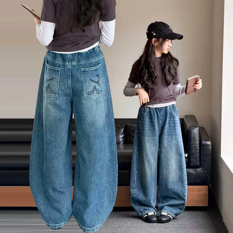 Kids Autumn Loose Wide Leg Jeans for Teenage Girls Fashion Straight Denim Pants Children Casual Jeans Trousers with Embroidery
