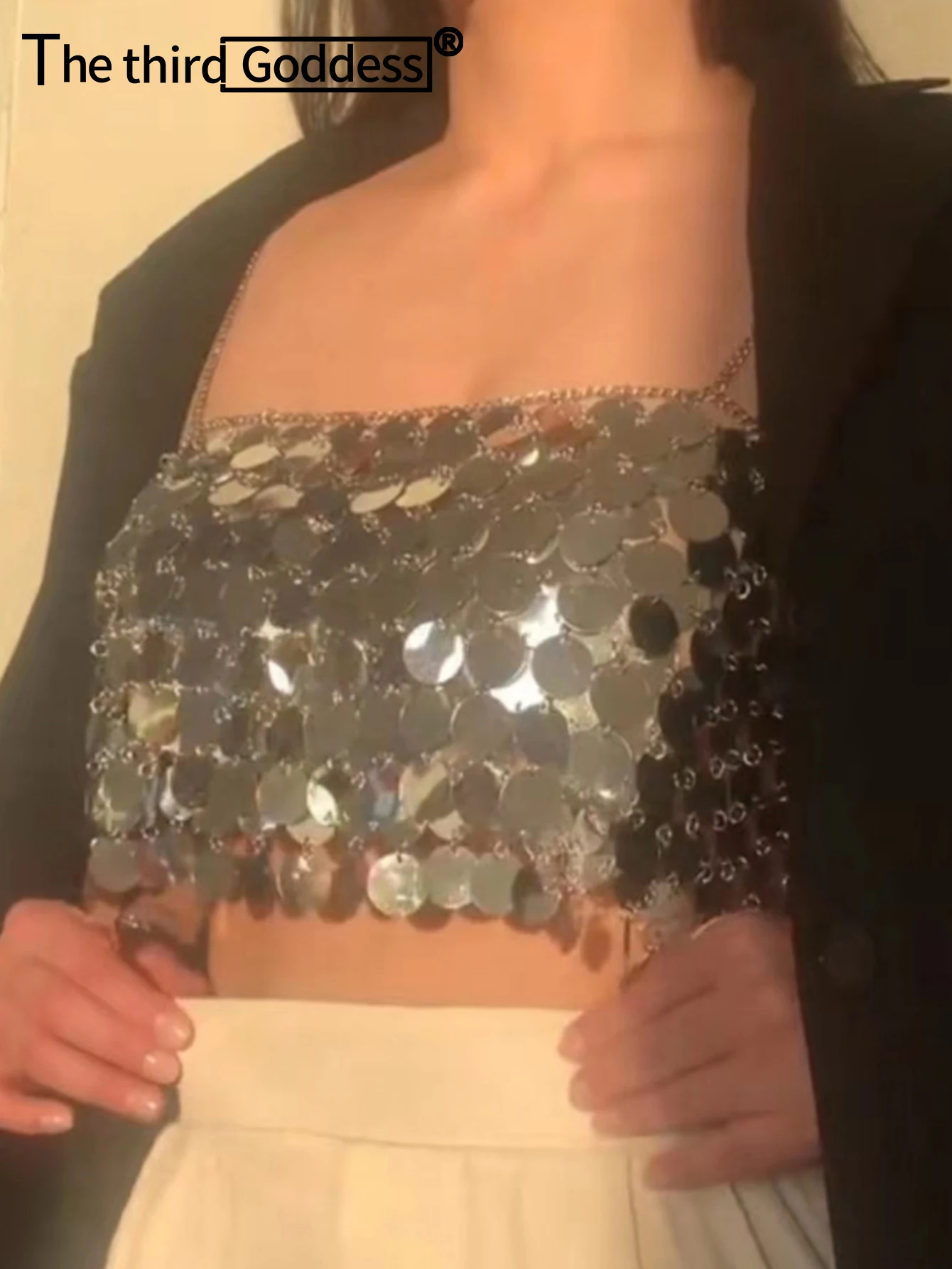 Sexy see through metal sequin crop tops women summer Bling halter club party tank top cropped womens tops hotwife rave outfits