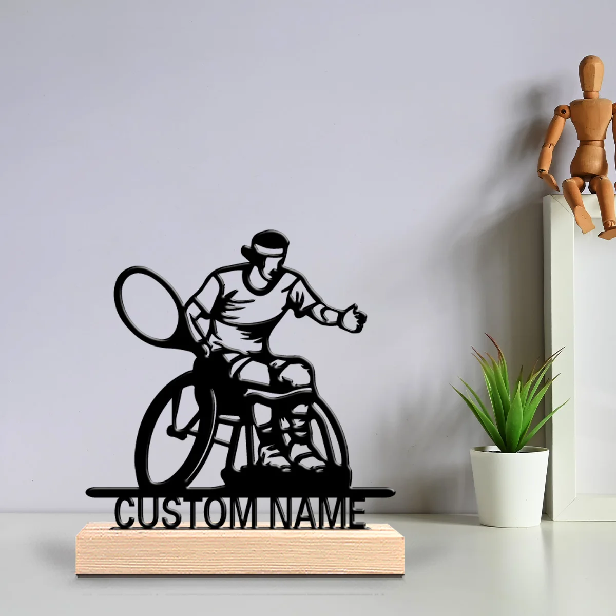 1pc Simple Personalized Letter disabled person Tin Statue Metal Ornament Figurine With Wood Base Metal Ornament For Boys Gifts