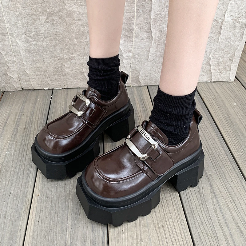 9 سنتيمتر منصة المتسكعون للمرأة مصمم الأزياء سميكة وحيد حذاء كاجوال للنساء حزام مريح مشبك جلد ماري جين عالية الكعب