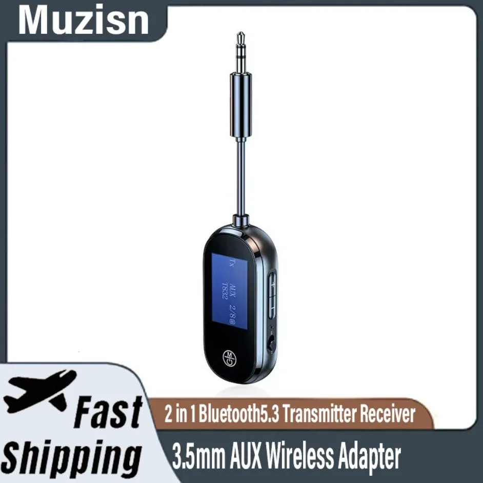 

Muzisn 2 в 1 Bluetooth5.3 передатчик-приемник 3,5 мм AUX беспроводной адаптер с экраном стерео автомобильный музыкальный комплект для ТВ ПК наушники