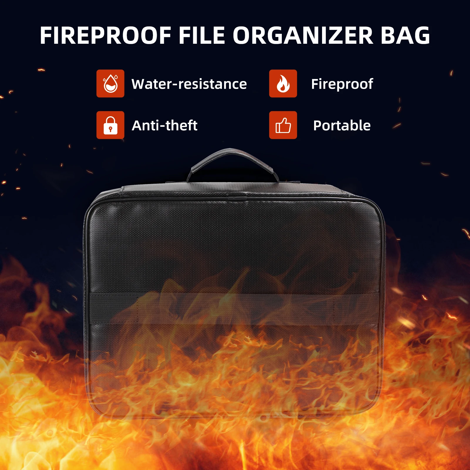 Fireproof File Document Bag Safety Organizer Zipper Closure Fire & Water Resistant Money Pouch Multi-Layer Card Case with Lock