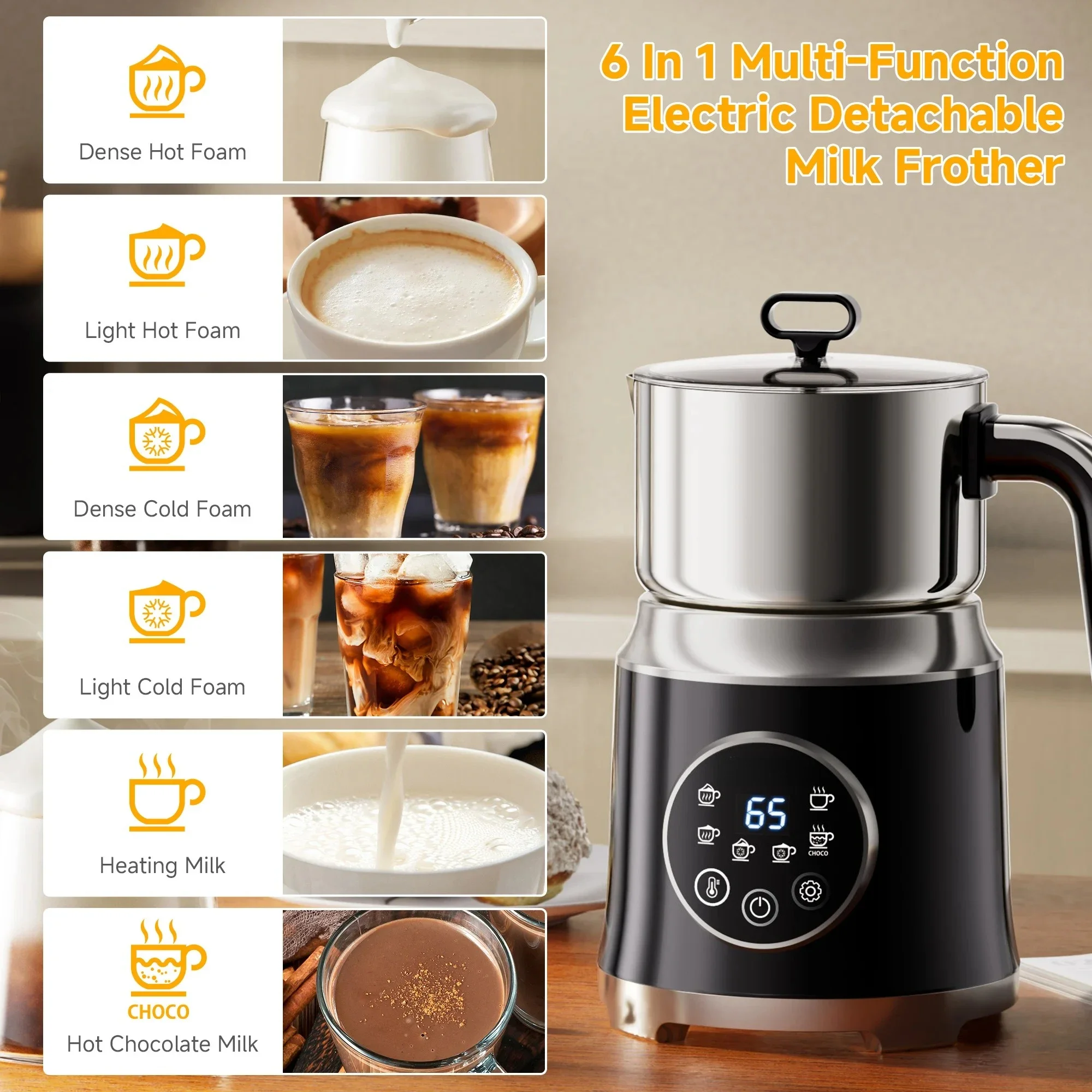 New 1.2L Electric Detachable Milk Frother and Steamer, 6-in-1 Automatic Hot/Cold Foam and Hot Chocolate Maker, Easy to Clean