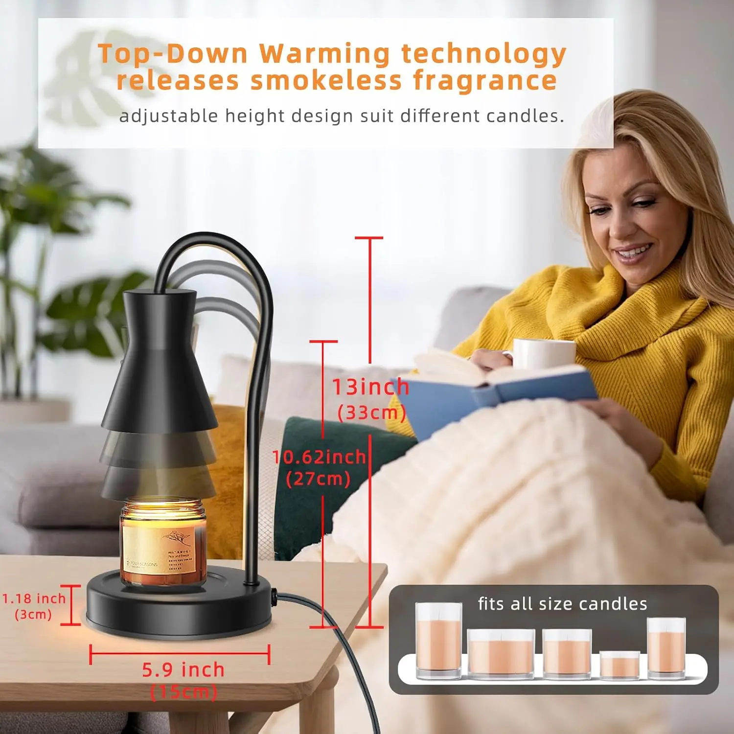 Candle Warmer Lamp with Timer and Dimmer, Vintage Electric Melter for Jar Candles, Adjustable Height, 2 Bulbs Included, Black