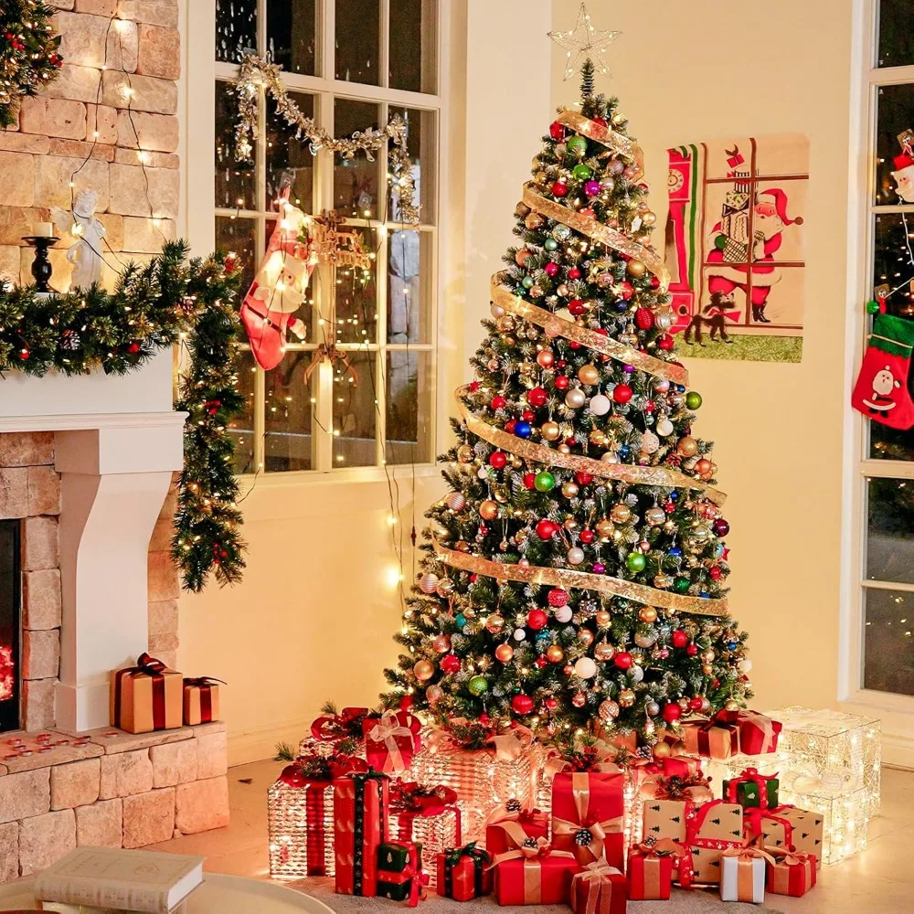 شجرة عيد الميلاد الاصطناعية بطول 7.5 قدم مع 350 مصباح LED أبيض دافئ، 1446 نصائح، حامل معدني لديكور عطلة احتفالية #6