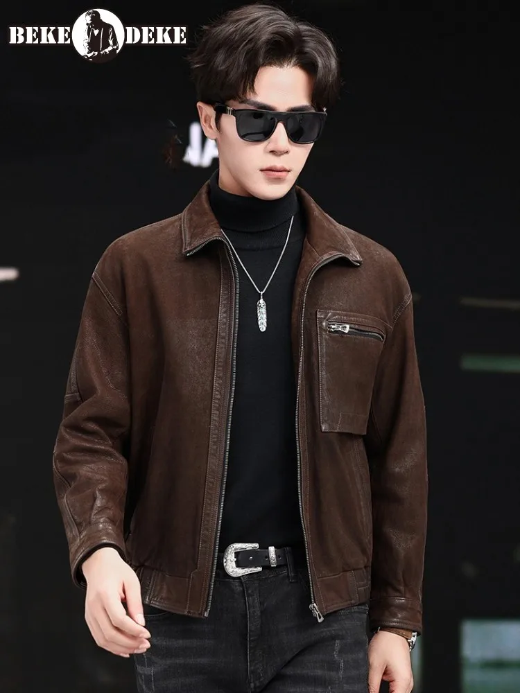 

Уличная винтажная мужская куртка из натуральной козьей кожи, свободная посадка на молнии, повседневное короткое пальто, осенние мотоциклетные куртки-карго, мужские