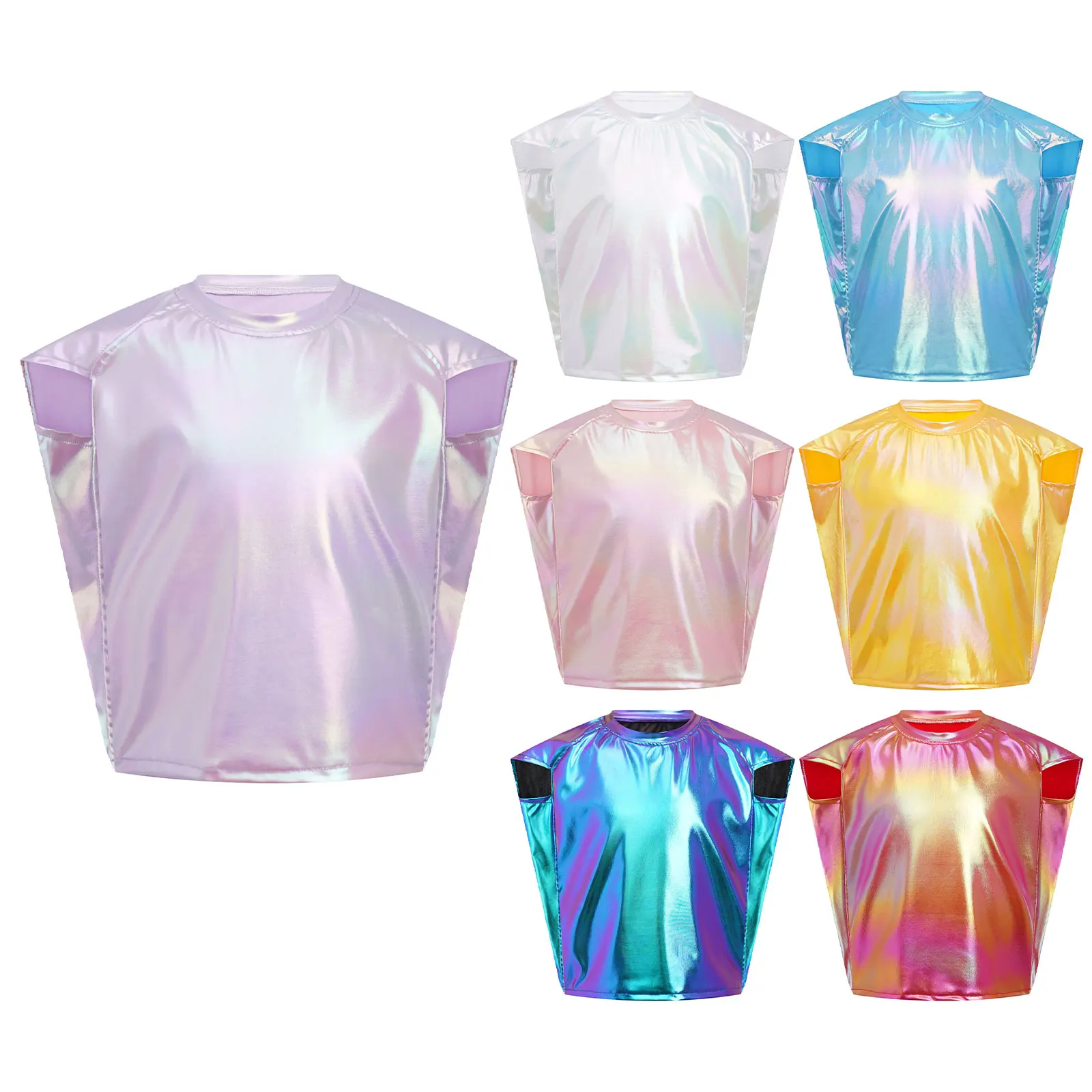 Kids Boys Girls Shiny Metallic Hip Hop Dance T-Shirt Cap Sleeve Round Neck Street Modern Jazz Dance Party Performance Tops