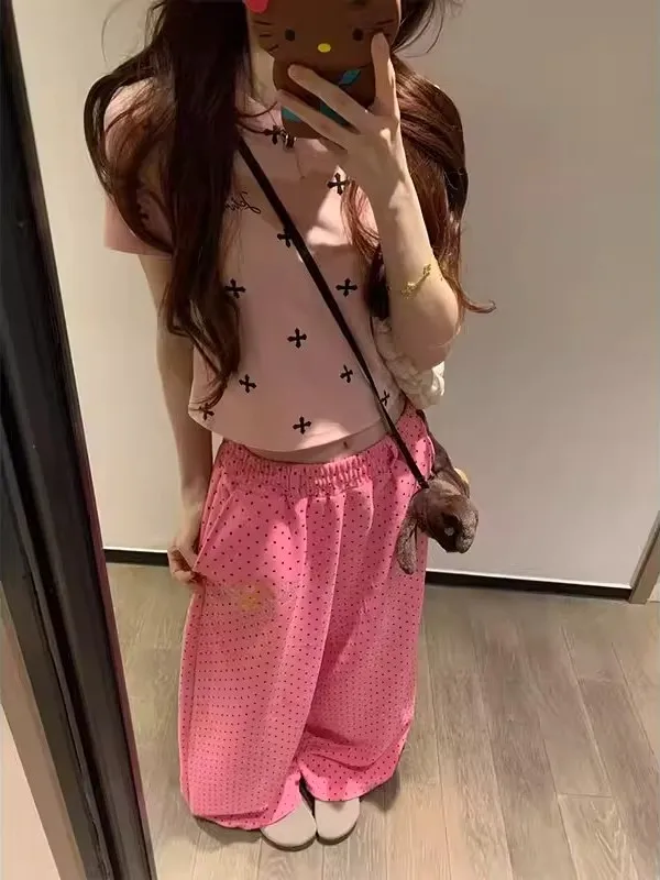 

Retro American Pink Polka Dot Print Women's Sweatpants Spring Summer New Lazy Drapey Sports Jazz Casual Pants High Waist Elas...