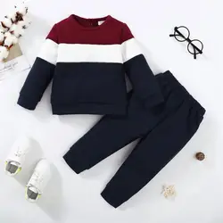 2PCS Kids Boy Clothes Set Long Sleeves Color Block Hoodies+Pants Autumn&Winter Sport Daily Clothing For Children Boy 1-6 Years