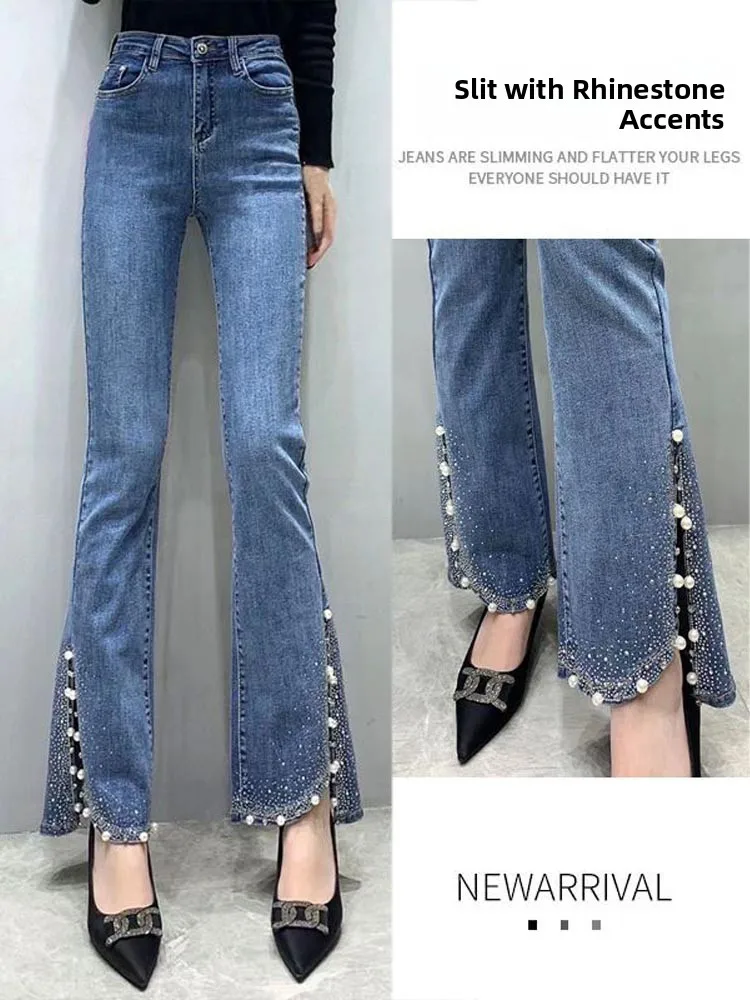 

Slimming High Waist Denim Jeans Women's Summer 2024 Blue Lace Micro Flared Pants Long Zipper Cotton Polyester Viscose Blend