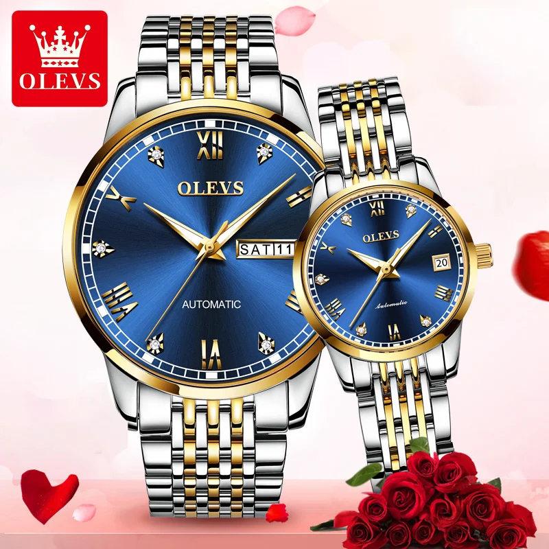 OLEVS relógio mecânico automático de casal, conjunto de relógios masculinos e femininos, marca de luxo original, presente dele ou dela, 6602