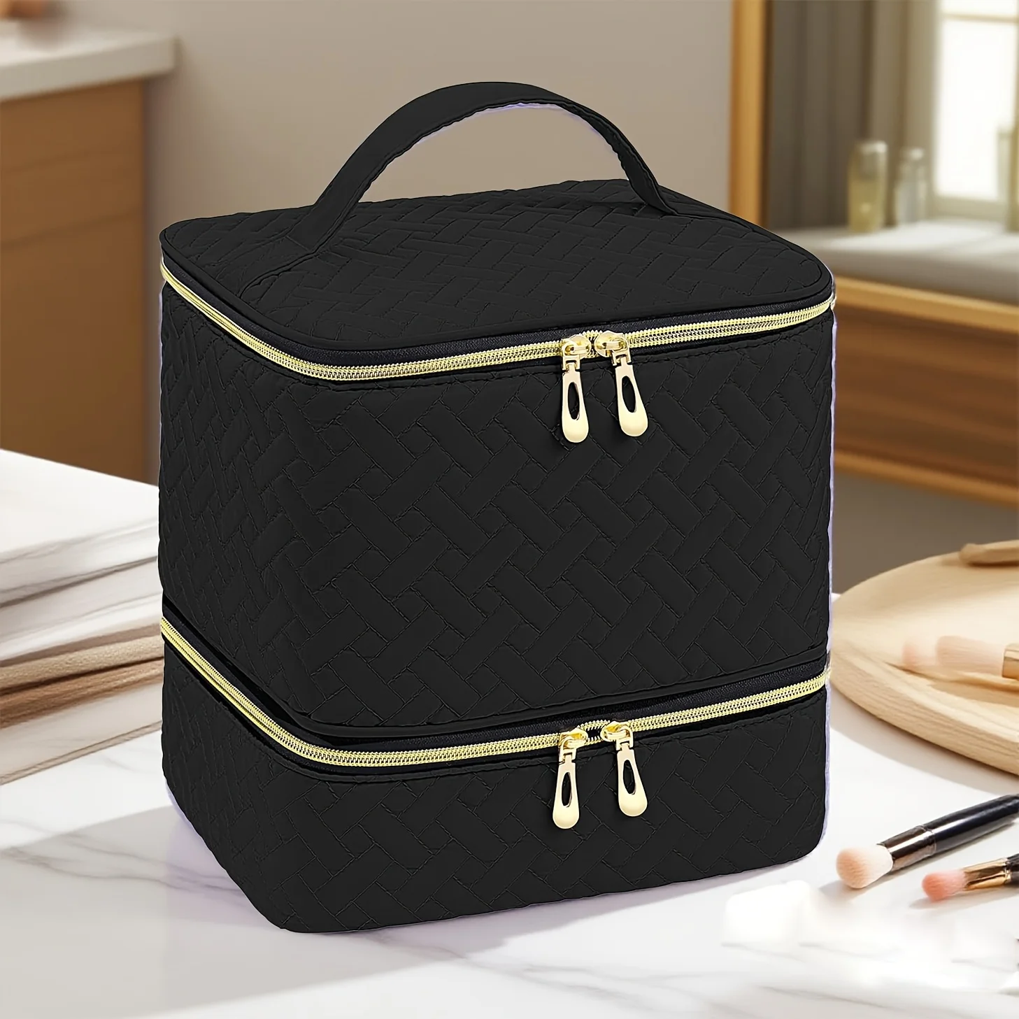 

30-Grid Nail Organizer Bag – Double Layer Manicure Cosmetic Bag with Handle, PU Nylon Makeup Organizer