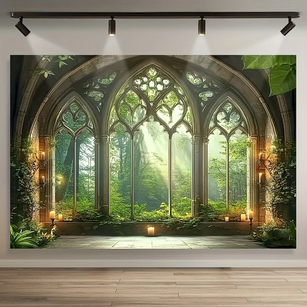 1-teiliger gotischer Wald, gotischer Kathedralenfenster-Fotohintergrund aus Polyesterfaser, dekoratives Banner